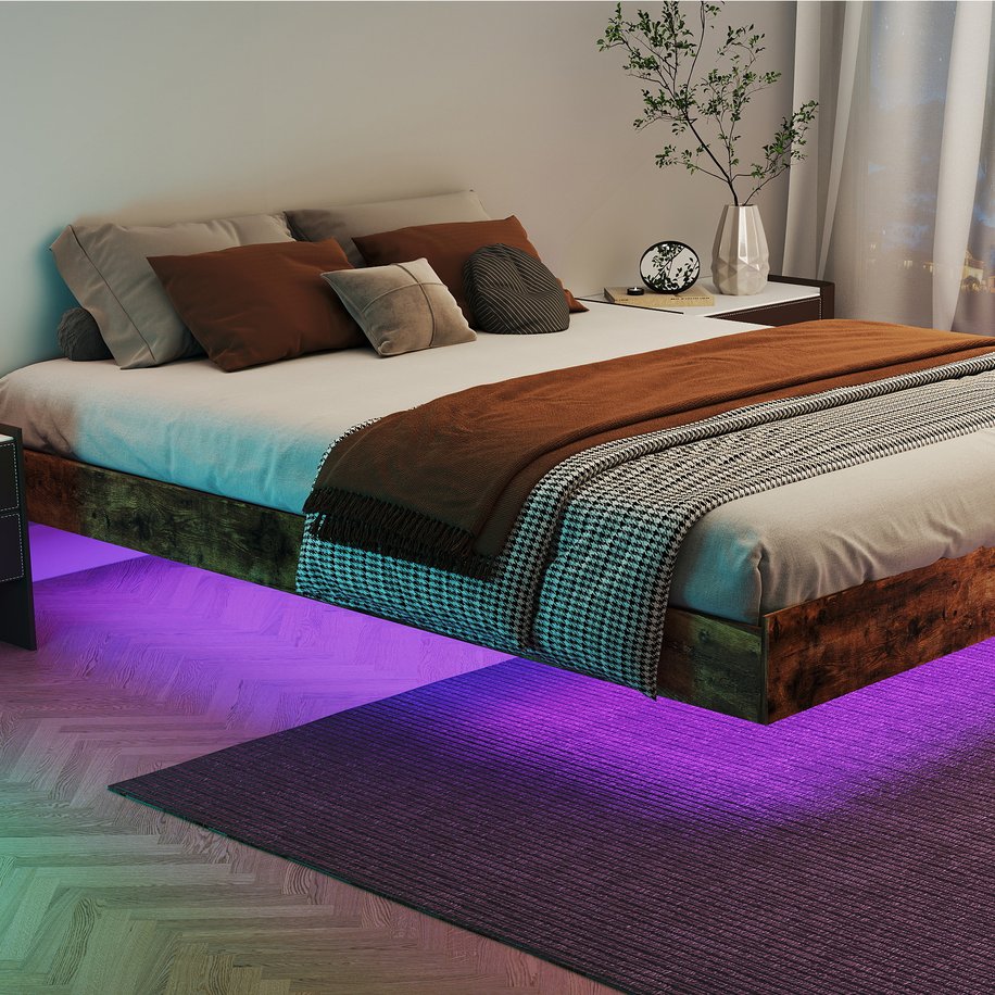English Elm Full Platform Bed with Rgb Lighting Storage Headboard and Built-in Charging Ports T3963P446980
