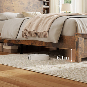 English Elm Wood Queen Platform Bed Bookcase Headboard with Led Lighting and Charging Station W636P444679
