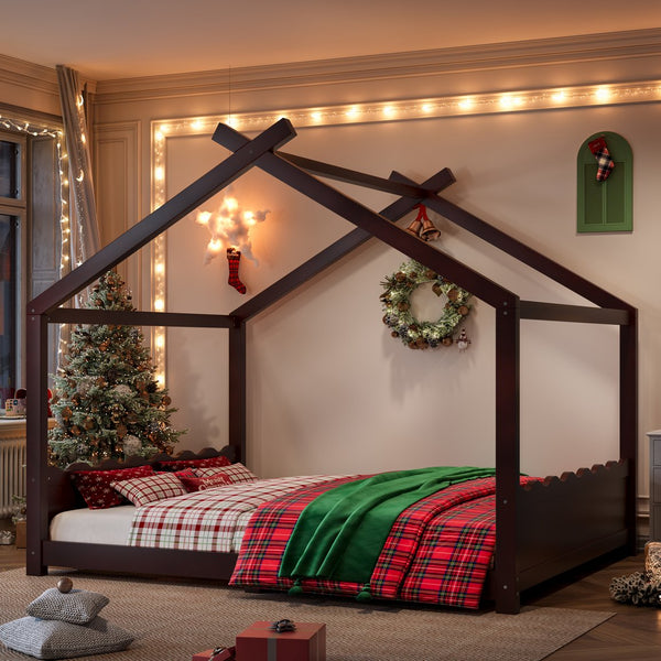 English Elm Queen House Frame Floor Bed Solid Pine Montessori Low Profile Kids Bedroom Espresso W1580P387850