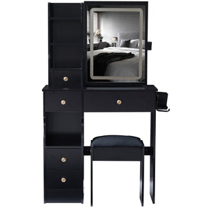 English Elm 29.2" Compact Desktop Vanity Set With Touch-Control Led Mirror, Usb Ports, Stool & Hair Dryer Holder W936P202460