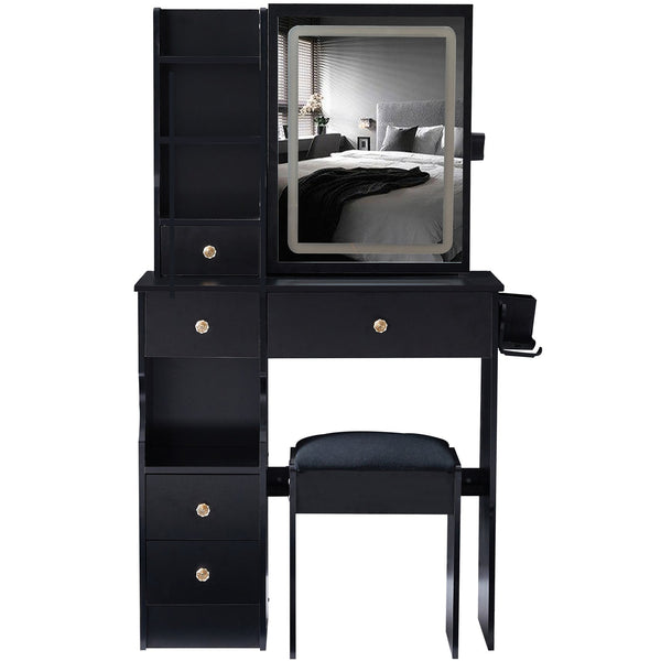 English Elm 29.2" Compact Desktop Vanity Set With Touch-Control Led Mirror, Usb Ports, Stool & Hair Dryer Holder W936P202460