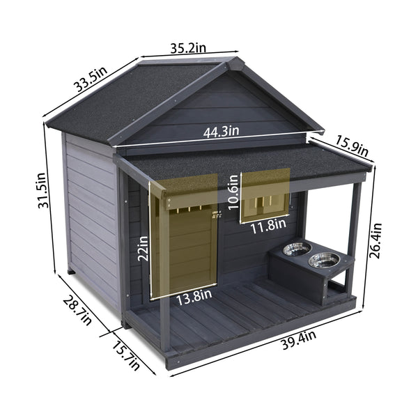 English Elm Large Breed Outdoor Doghouse Solid Fir Wood Covered Porch Weatherproof Asphalt Roof W1431S00004