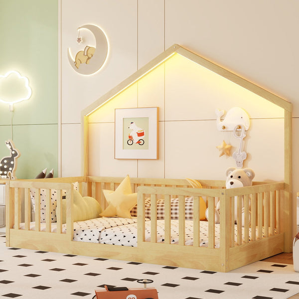 English Elm Twin Montessori Floor Bed House Frame with Led Lighting and Safety Rails for Kids W2593P440601