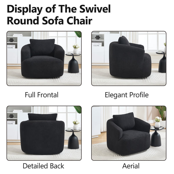 English Elm 360° Swivel Barrel Chair Teddy Fleece Upholstery with Pillow for Bedroom Reading Nook Black W1803P363032
