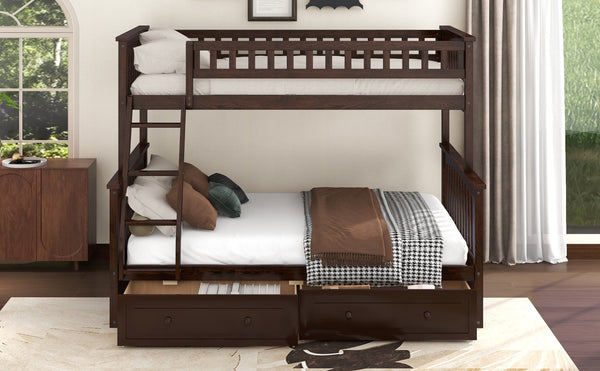 English Elm Twin Convertible Bunk Bed with Built-In Rolling Drawers and Solid Pine/MDF Frame, Space-Saving Durable Design Espresso N7090004020P