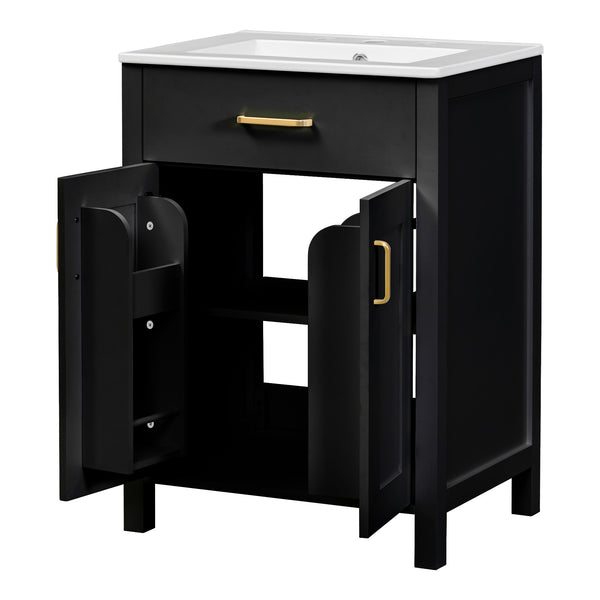 English Elm 24"Bathroom Luxurious Space-Saving Vanity with Ceramic Sink, Solid Wood Frame, Soft-Close Doors and Storage Black N729P183716B