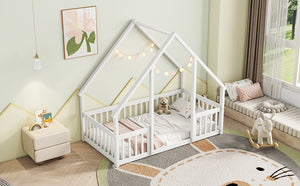 English Elm Twin Wood House-Shaped Floor Bed with Fence and Guardrails – Playful Pine Frame for Imaginative Kids Retreat White W504P143290