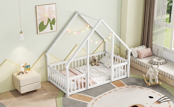 English Elm Twin Wood House-Shaped Floor Bed with Fence and Guardrails – Playful Pine Frame for Imaginative Kids Retreat White W504P143290
