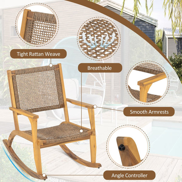 English Elm Go Acacia Wood Outdoor Rocking Chair Set Two Pe Wicker Seats for Patio Porch Natural N704P245214A
