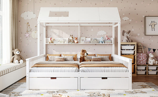 English Elm Double Twin House Bed Pine Wood Frame Kids Playhouse Bunk with Storage Drawers White W5305S00006