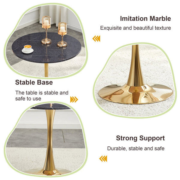 English Elm Round Faux Marble Tulip Pedestal Dining Table Mid Century Modern for Small Bistro Spaces Gold,Gray W2920P405351