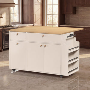 English Elm Kitchen Rolling Cart with Black Marble Top Drop Leaf Drawers and Spice Rack Storage White B2764S00003