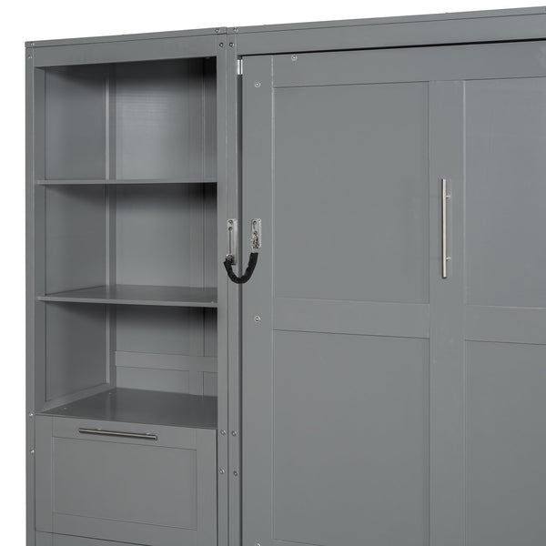 English Elm Queen Murphy Wall Bed with Wardrobe Drawers and Shelves for Studio or Guest Room Gray LP000865AAE-2