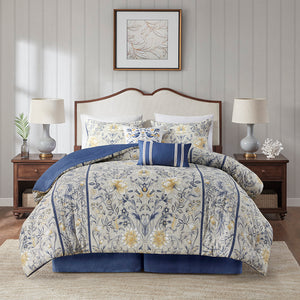 JLA Home Harbor House Blue - 6 Piece Cotton Comforter Set Cottage Botanical Yellow Blue Reversible OEKO‑TEX Plush Hotel Look 96 L x 110 W x 1.5H HH10-1801