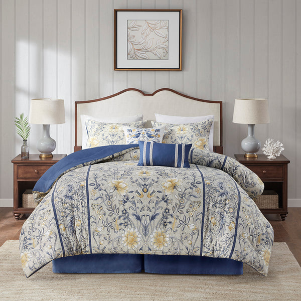 JLA Home Harbor House Blue - 6 Piece Cotton Comforter Set Cottage Botanical Yellow Blue Reversible OEKO‑TEX Plush Hotel Look 96 L x 110 W x 1.5H HH10-1801