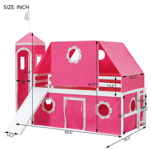 English Elm Twin Castle Loft Bed with Slide Tent Tower and Play Space for Kids Rooms Pink N708P249511H