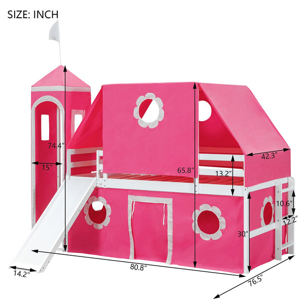English Elm Twin Castle Loft Bed with Slide Tent Tower and Play Space for Kids Rooms Pink N708P249511H