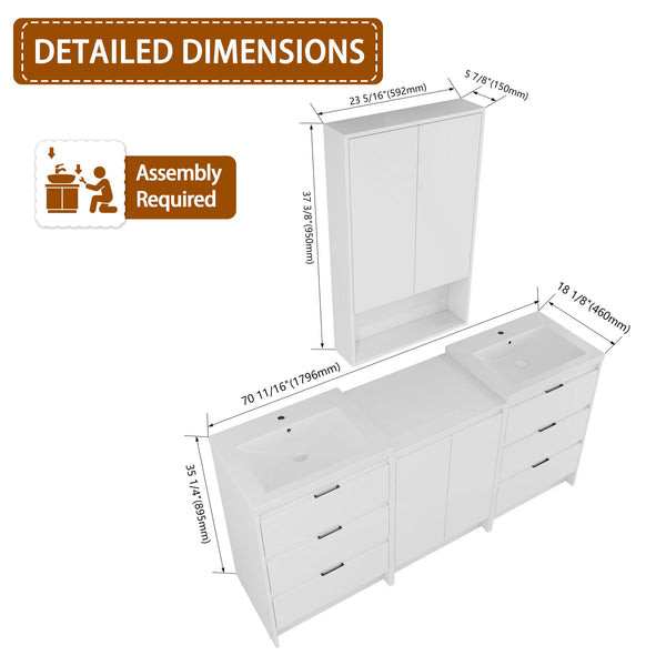 English Elm 72" Freestanding Bathroom Vanity Set With Modern Resin Sinks, Soft-Close Drawers & Ample Storage Space W999S00436
