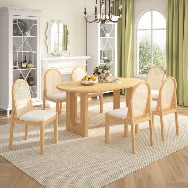 English Elm Trexm Farmhouse Oval Dining Set Seats Six with Rattan Back Chairs Oak Veneer Table Beige,Natural ST000157AAD