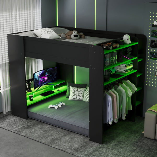 English Elm Full Size Gaming Bunk Bed with Rgb Lighting Integrated Desk Wardrobe and Storage Green LT100266AAG