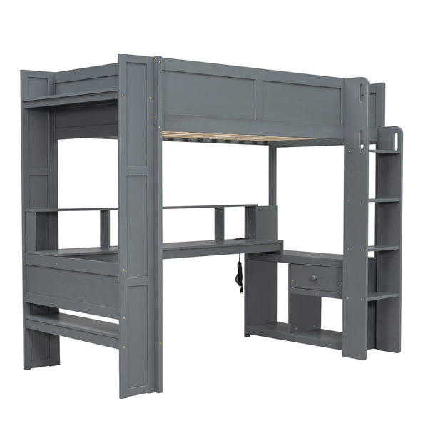 English Elm Wood Twin Loft Bed with Desk Led Lighting Charging Ports and Multi-zone Storage SM000373AAE