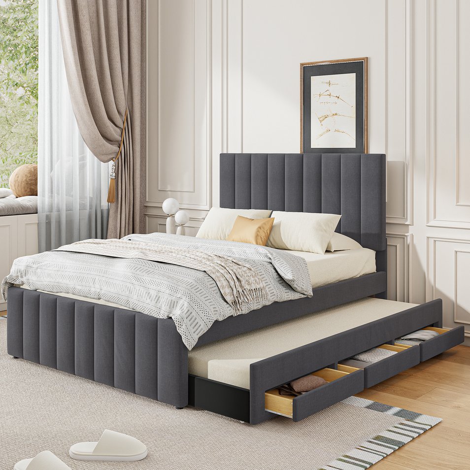 English Elm Full Upholstered Platform Bed with Twin Trundle and 3 Drawers, Linen Comfort, Sturdy Wood Frame Gray SF000249AAE