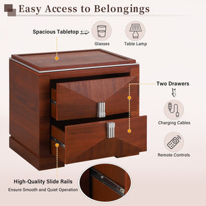English Elm Mid-century Modern Nightstand with Diamond Geometric Drawers and Heavy Duty Wood Base Dark Brown N761P324094N