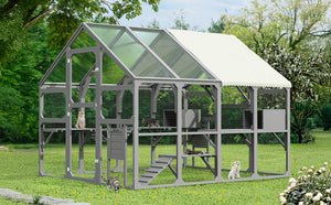 English Elm Large Walk-in Pine Catio Multi-cat Enclosure with Seven Platforms and Weatherproof Roof N704G201613E
