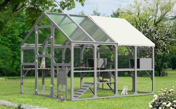English Elm Large Walk-in Pine Catio Multi-cat Enclosure with Seven Platforms and Weatherproof Roof N704G201613E