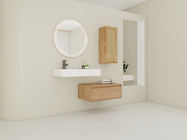 English Elm 30 Inch Wall-Mounted Bathroom Vanity With Soft-Close Drawer & Resin Sink, Space-Saving Design W999S00348