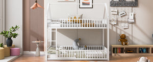 English Elm Metal Twin over Twin House Bunk Bed with Playful Roof, Sturdy Metal Frame, Quiet Support for Kids White N709P214091K