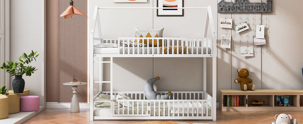 English Elm Metal Twin over Twin House Bunk Bed with Playful Roof, Sturdy Metal Frame, Quiet Support for Kids White N709P214091K