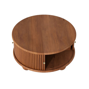 English Elm Round Fluted Pine Wood Coffee Table with Hidden Sliding Door Storage for Living Room Walnut N735P369879D