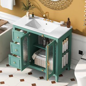 English Elm 36-inch Modern Bathroom Vanity Pine Frame Ceramic Sink 3 Drawers Glass Door Cabinet N710P223192F