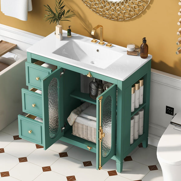 English Elm 36-inch Modern Bathroom Vanity Pine Frame Ceramic Sink 3 Drawers Glass Door Cabinet N710P223192F