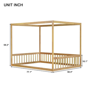English Elm Full Size Canopy Floor Bed In Natural Rubberwood With Guardrails - Perfect For Kids' Imagination! W504P345756