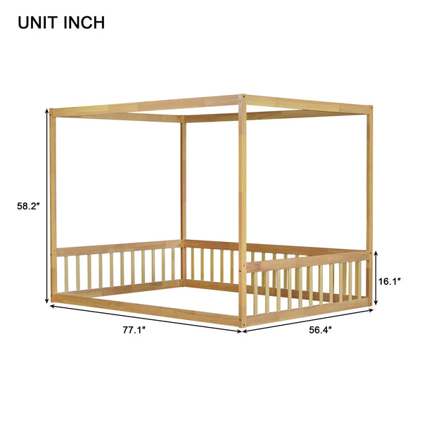 English Elm Full Size Canopy Floor Bed In Natural Rubberwood With Guardrails - Perfect For Kids' Imagination! W504P345756