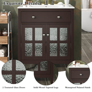 English Elm Christopher Knight Home® - 30" Bathroom Vanity with Ceramic Sink, Solid Wood Legs, Adjustable Shelf, Tip-Out Tray, Soft-Close Hinges, Silver Knobs, Moisture-Resistant Finish Dark Brown N817P286250D