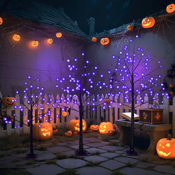 English Elm 3 Pack Halloween Spooky Tree Set with Purple LED Lights, 4ft‑6ft Hinged UV‑Resistant Indoor Decor (96) PX283443AAF