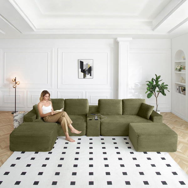 English Elm 125'' Modular L-shape Sectional Corduroy Cloud Couch with Storage and Usb Charging Green W1117S00421