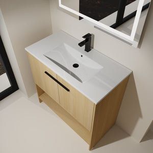 English Elm 36" Modern Bathroom Vanity With Ceramic Sink, Soft Closing Doors & Open Shelf For Stylish Storage W1972S00019