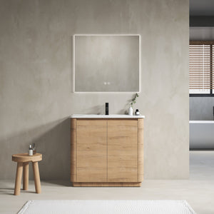 English Elm 36'' Freestanding Bathroom Vanity with White Ceramic Sink, Soft-Close Doors, Plywood, Adjustable Shelves W999P351896