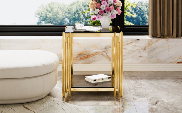 English Elm Modern Round Mirrored Glass End Table with Gold Metal Frame and Lower Display Shelf Black N735P380093B