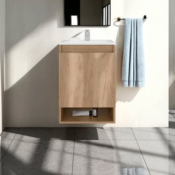 English Elm Nissi Oak Floating Bathroom Vanity 18" Wall-Mounted Compact Resin Sink Soft-Close Cabinet Durable Finish B070S00387