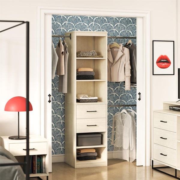 English Elm Kelly Modular Closet Tower with Open Shelves Two Drawers and Adjustable Hanging Rods B2733P436559