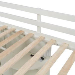 English Elm Twin Loft Bed with Wardrobe Desk Charging Station and Spotlights for Small Rooms Beige White LT000450AAK