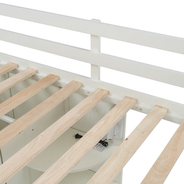 English Elm Twin Loft Bed with Wardrobe Desk Charging Station and Spotlights for Small Rooms Beige White LT000450AAK