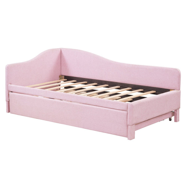 English Elm Twin L-shaped Linen Upholstered Daybed with Hydraulic Pop-up Trundle for Guest Rooms Pink SF000193AAH-1
