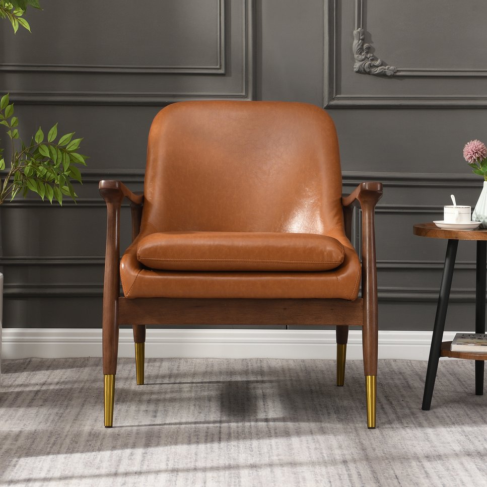 English Elm 29.2'' Mid-century Faux Leather Chair Solid Wood Frame Brass Tipped Legs Lounge Seating N767P371243B