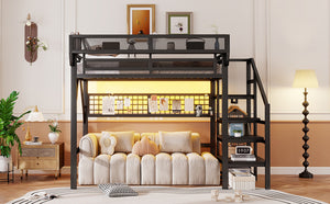 English Elm Full Metal Loft Bed with Stairs Wardrobe Rgb Lighting and Storage for Teens W2580S00066